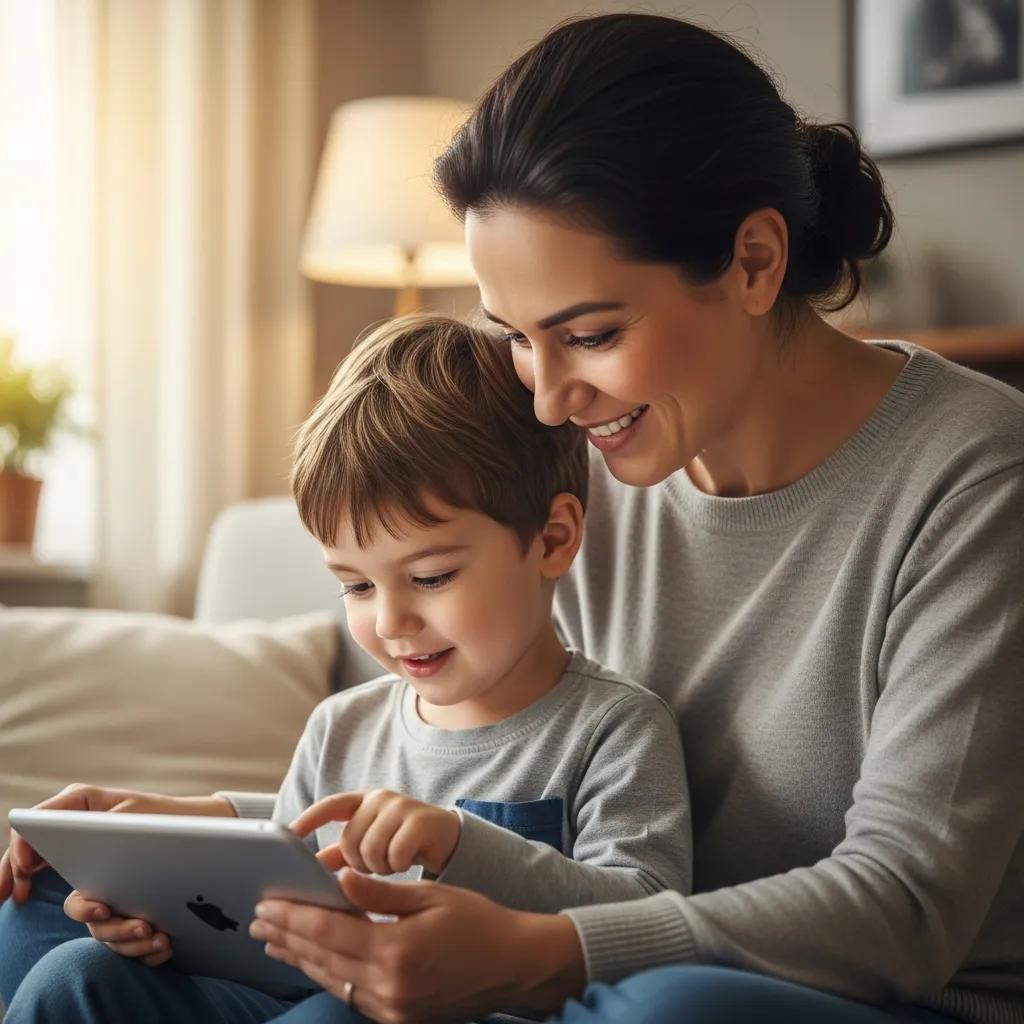 Parent and child using technology safely in a cozy living room