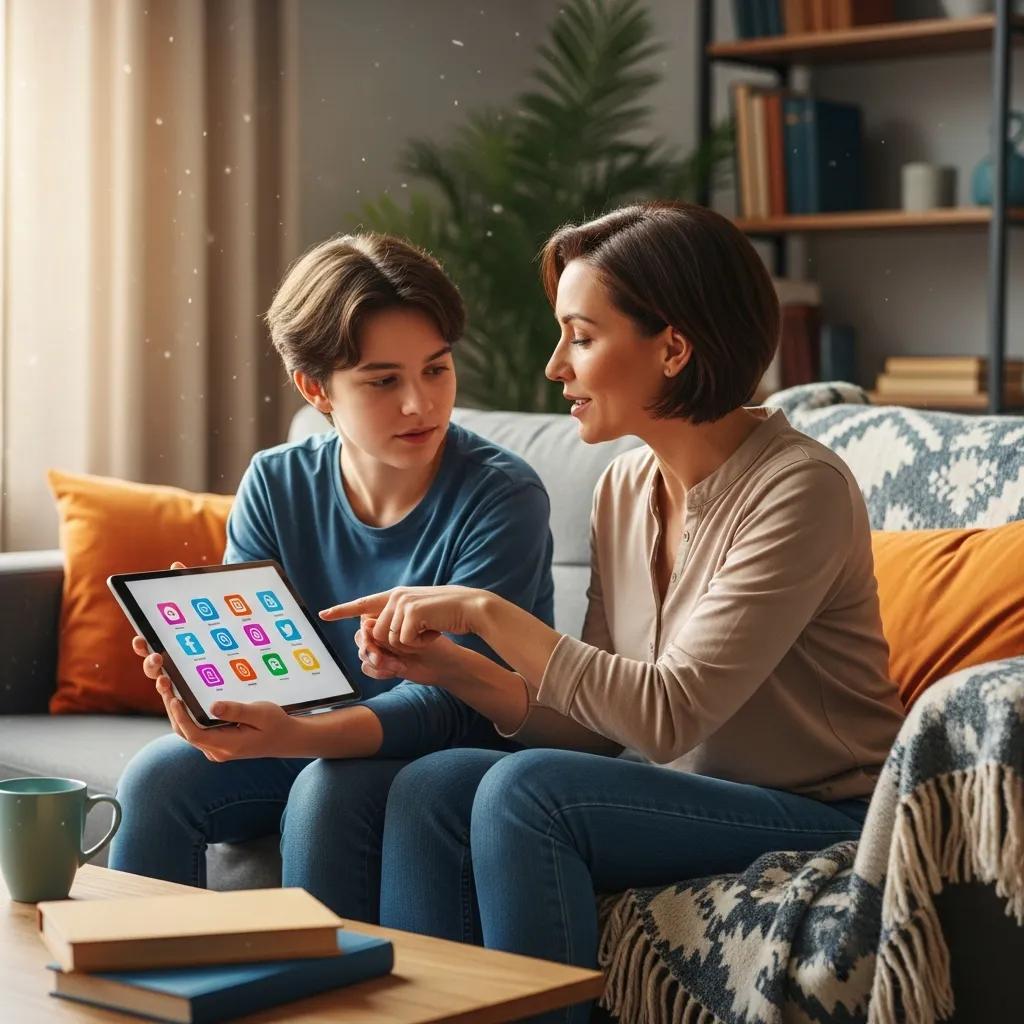Parent and teenager discussing internet safety in a supportive environment