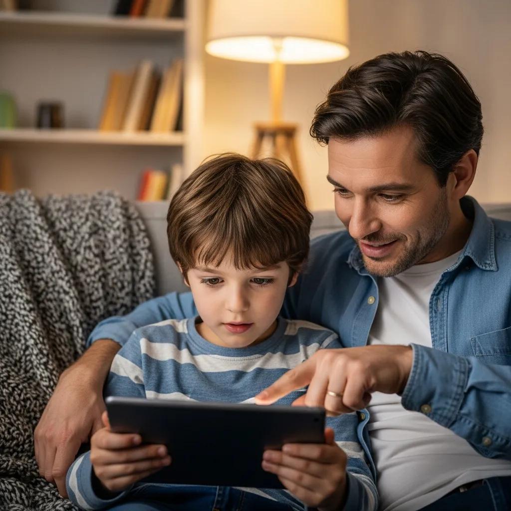 Parent assisting child with tablet in a cozy home setting, emphasizing tech support and family interaction