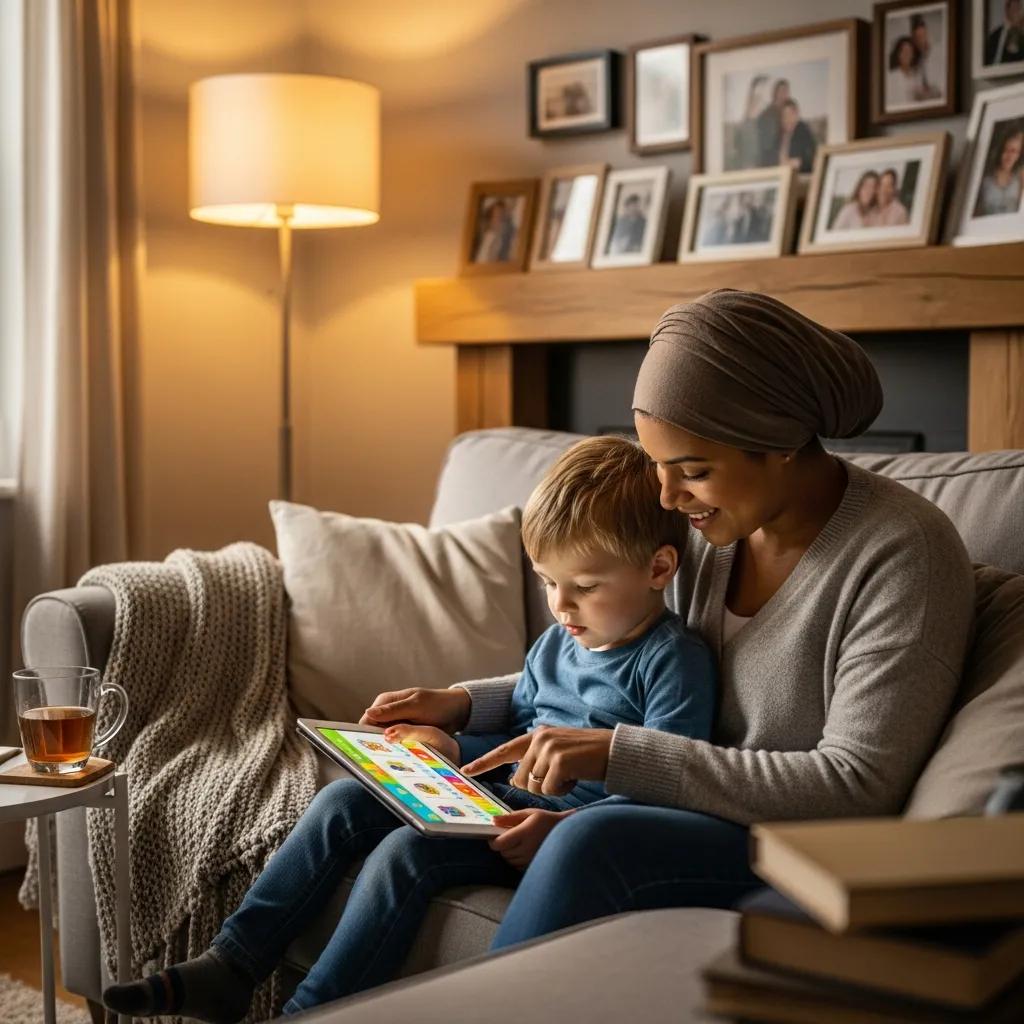 Parent assisting child with technology in a cozy living room setting