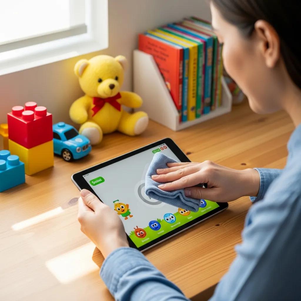 Parent cleaning child's tablet in a bright, organized workspace