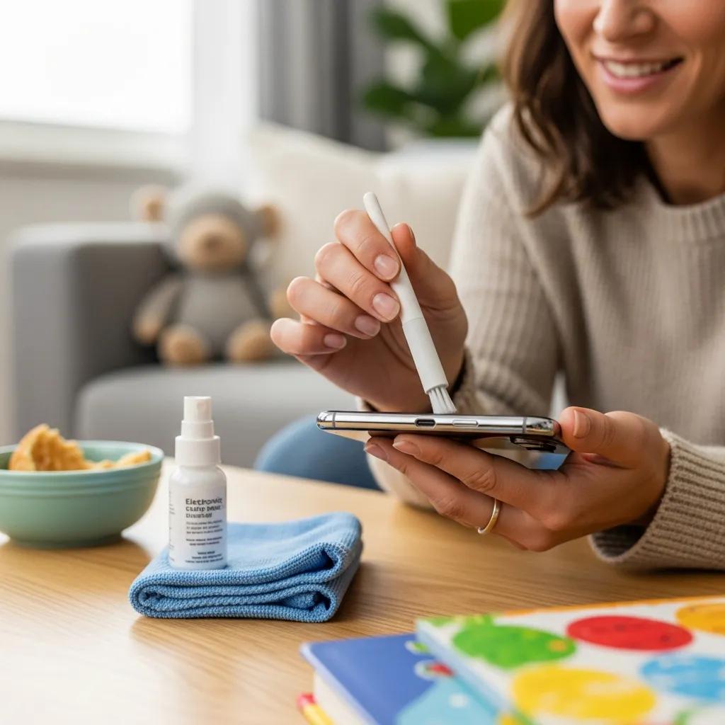 Parent cleaning smartphone charging port with a soft brush