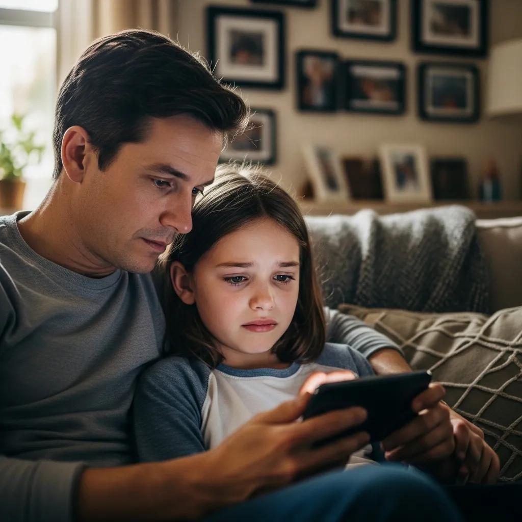 Parent comforting child while discussing cyberbullying, illustrating the importance of open communication