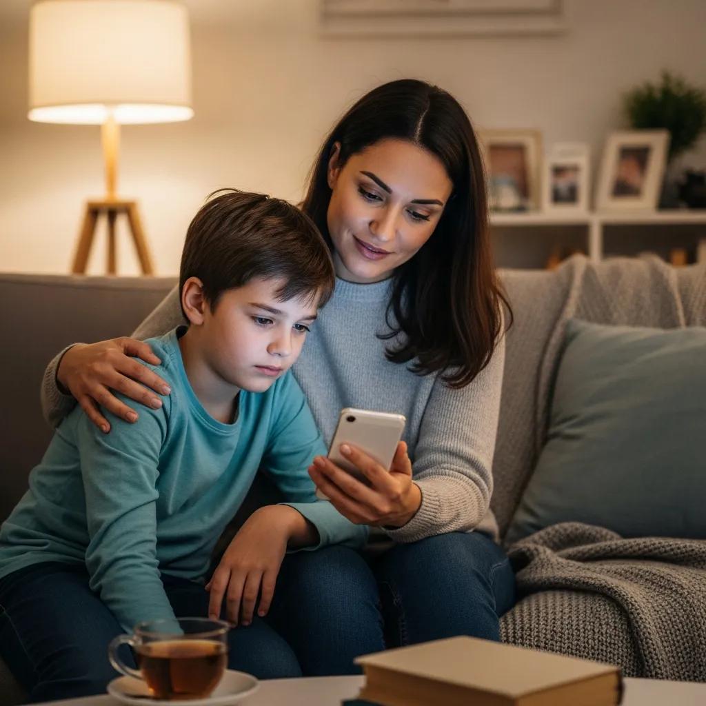 Parent comforting child while discussing online risks, focusing on recognizing signs of cyberbullying