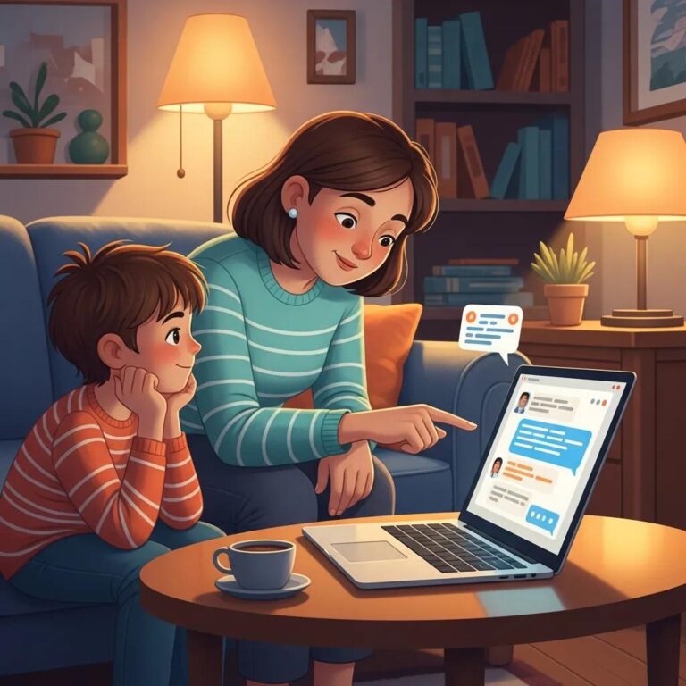 Parent discussing AI chatbot risks with child in a cozy living room