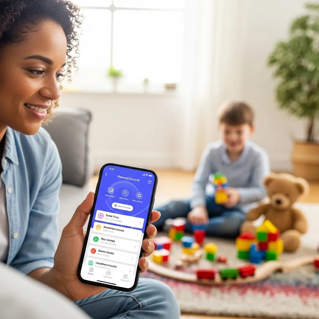 Parent managing screen time with a parental control app while child plays safely