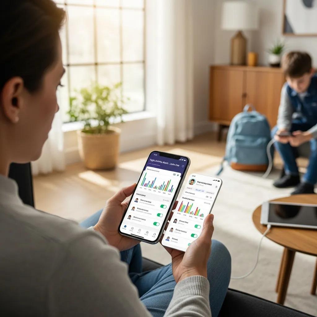 Parent using a smartphone to monitor child's online activity with parental control app