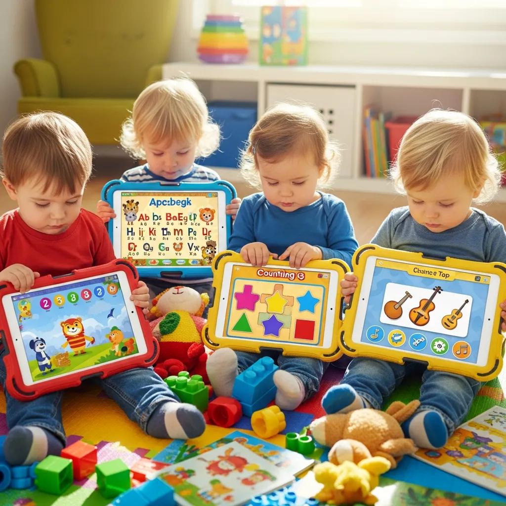 Toddlers exploring educational apps on tablets surrounded by toys and learning materials